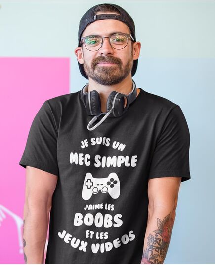 Tee-shirt Mec Simple J'aime Boobs et Jeux Vidéos